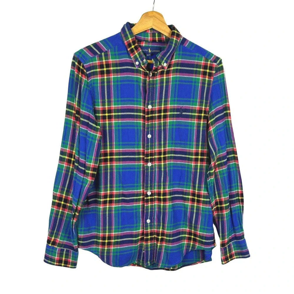 NWOT Ralph Lauren Boys Blue Plaid Flannel Button Down Shirt Size L 14-16 Cotton